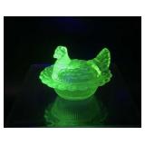 Vintage Uranium Mosser Glass Hen Salt Cellar