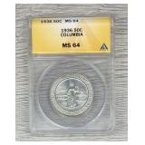 1936 Columbia Silver 50c Graded ANACS MS 64
