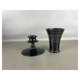 Vtg Black Amethyst Glass Cup & Candlestick