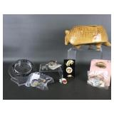 Ceramic Armadillo Planter, Bracelet, Lapel Pins &