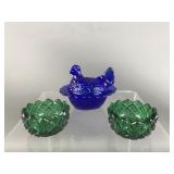 Vtg Mosser Cobalt Blue Mini Hen On Nest & Emerald