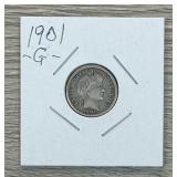 1901 Barber Dime 90% Silver Coin