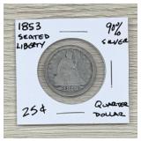 1853 Seated Liberty Quarter Dollar 90% Silver Coin