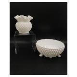 Vtg Fenton Milk Glass Hobnail Vase & Footed Bowl