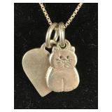 .925 sterling silver cat & heart pendant + chain