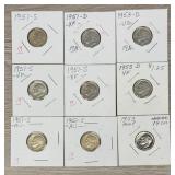 Lot of (9) 90% Silver Roosevelt Dimes