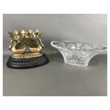 Vtg crystal bowl & brass swan base Castilian