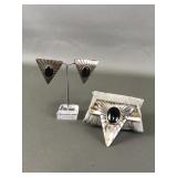.925 Sterling Silver Triangle Black Onyx Earrings&