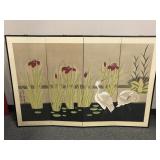 Japanese Byobu Cranes & Red Irises Folding Screen