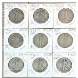 Lot of (9) Walking Liberty Half Dollars 90% Silver