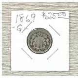 1869 Shield Nickel 5C Five Cents Coin