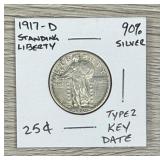1917-D Standing Liberty Quarter Type 2 90% Silver