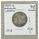1917-S Standing Liberty Quarter Type 1 90% Silver
