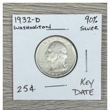 1932-D Washington Quarter 90% Silver Coin Key Date