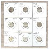 Lot of (9) Mercury Dimes 90% Silver Coins