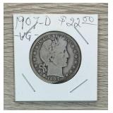 1907-D Barber Half Dollar 90% Silver Coin