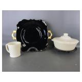 Vtg Fire King Baking Dish & Black Glass Plates