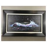 Dark Night Ocean Wave Painting, Signed