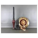 Wooden Lion Bookend, Partylite Candlestick, And