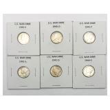 Lot of (6) Mercury Dimes 90% Silver Coins