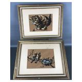 Vtg Cat & Birds Framed Needlepoint Art