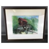 Framed Watercolor Or Gouache Painting Mill Scene