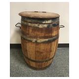 Vintage Whiskey Barrel Trash Can With Hinged Lid