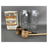 Vtg La Palina Glass Cigar Jar, Court Royal Tin &