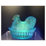 Manganese Glow Vtg Fenton Blue Glass Hen On Nest