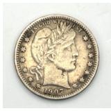 1907 Barber Quarter 99% Silver Coin