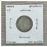 1944-D 20 Centavos 90% Silver Coin