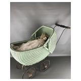 Antique Porcelain Doll In Wicker Baby Carriage