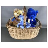 Vtg Ty Clubby Plush Bears, Wicker Basket & More