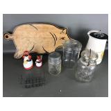 Vtg Enamelware Coffee Pot, Wooden Pig Cutting