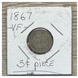 1867 Three 3 Cent Piece Coin Nickel 3c