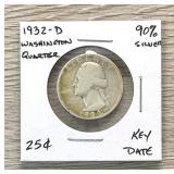 1932-D Washington Quarter 90% Silver Coin