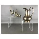 Vtg Brass Pticher & Reindeer Candlestick Holders