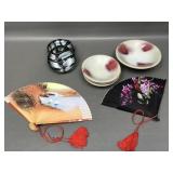 Vtg Japanese ceramic bowls & hand painted fans