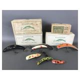 Vtg Flatfish Helin Tackle Detroit Lures In Boxes