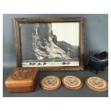 Vtg Western Art Print, Wooden Deer Coasters &