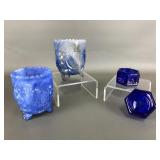 Slag Glass Toothpick Holders & Cobalt Salt Cellars