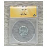 1943 Steel Penny 1c ANACS MS64 Coin