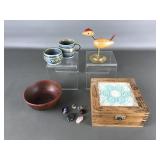 Vtg Quilted Wood Jewelry Box, Toothpick Holder