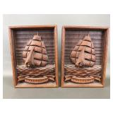 Vtg Carved Wooden Challenge Boat Book Ends