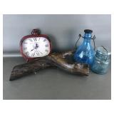 Red Clock, Jars, & Wood Decor