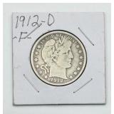 1912-D Barber Half Dollar 90% Silver Coin