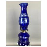 Bohemian Cobalt Blue Cut Glass Oil Lamp