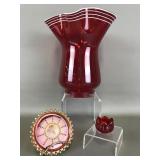 Vtg Boyds Glass Plate, Ruby Red Glass Vase & Salt