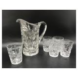 Vtg Frosted Floral Water Pitcher & Glasses