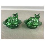 Vintage Mosser Emerald Mini Glass Cat On A Nest